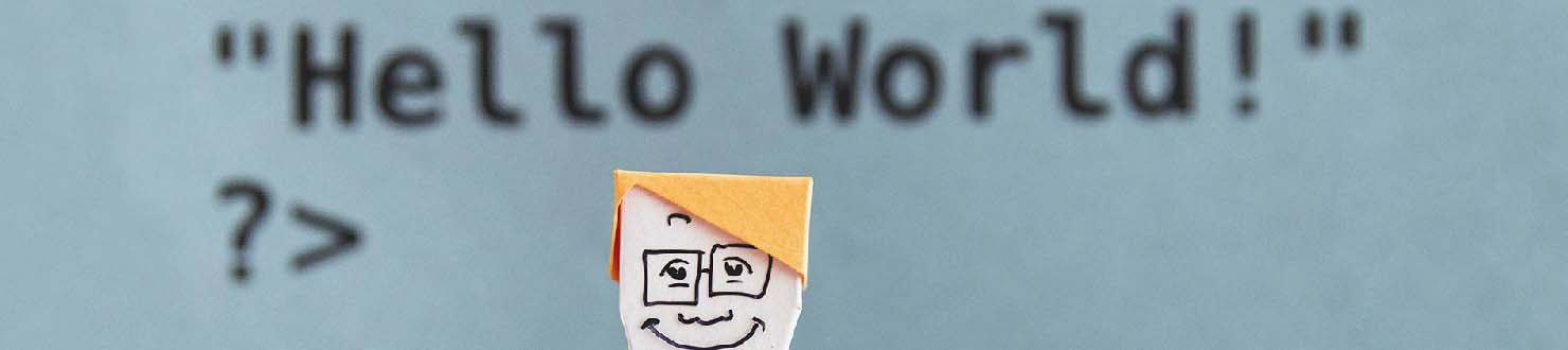 friendly programmer that is saying hello world
